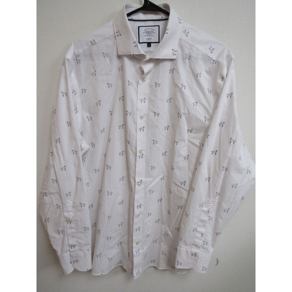 Charles Tyrwhitt Mens XL White Dalmatian Dog Print Non-Iron Classic Fit Shirt